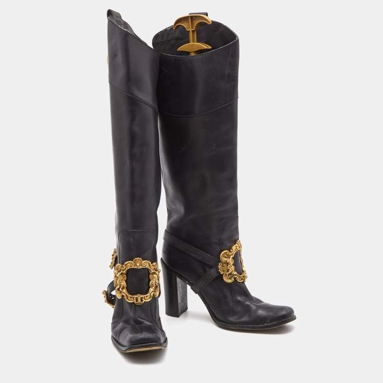 Pre Owned Dolce & Gabbana Black Leather Flower Embellished Knee Length  Boots Size 39