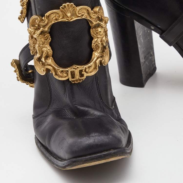 Pre Owned Dolce & Gabbana Black Leather Flower Embellished Knee Length  Boots Size 39