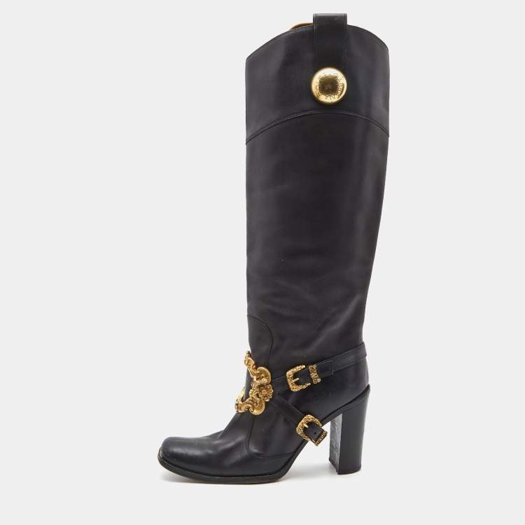 Pre Owned Dolce & Gabbana Black Leather Flower Embellished Knee Length  Boots Size 39