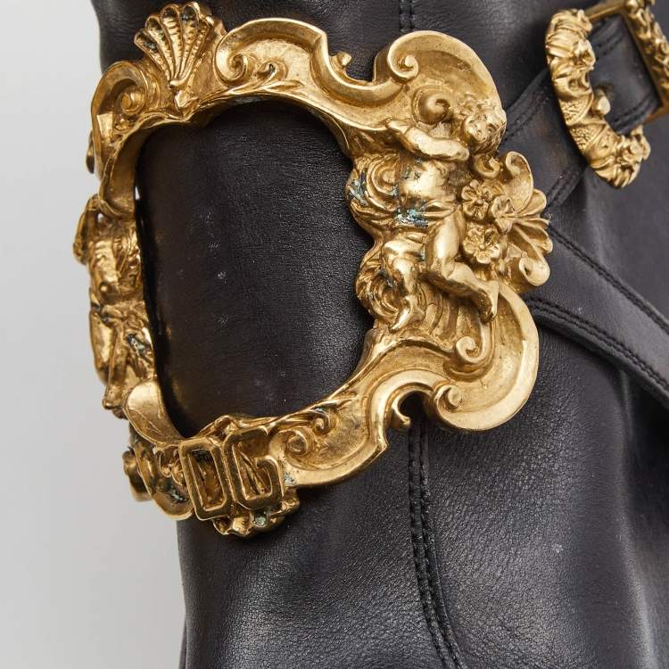 Pre Owned Dolce & Gabbana Black Leather Flower Embellished Knee Length  Boots Size 39