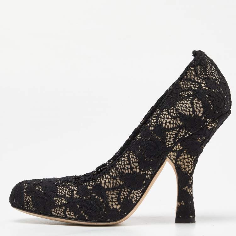 Pre Owned Dolce & Gabbana Black Lace Round Toe Pumps Size 37.5