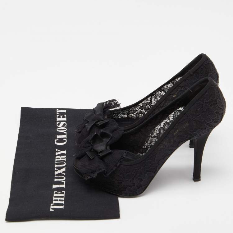 Pre Owned Dolce & Gabbana Black Lace Bow Peep Toe Platform Pumps Size 36
