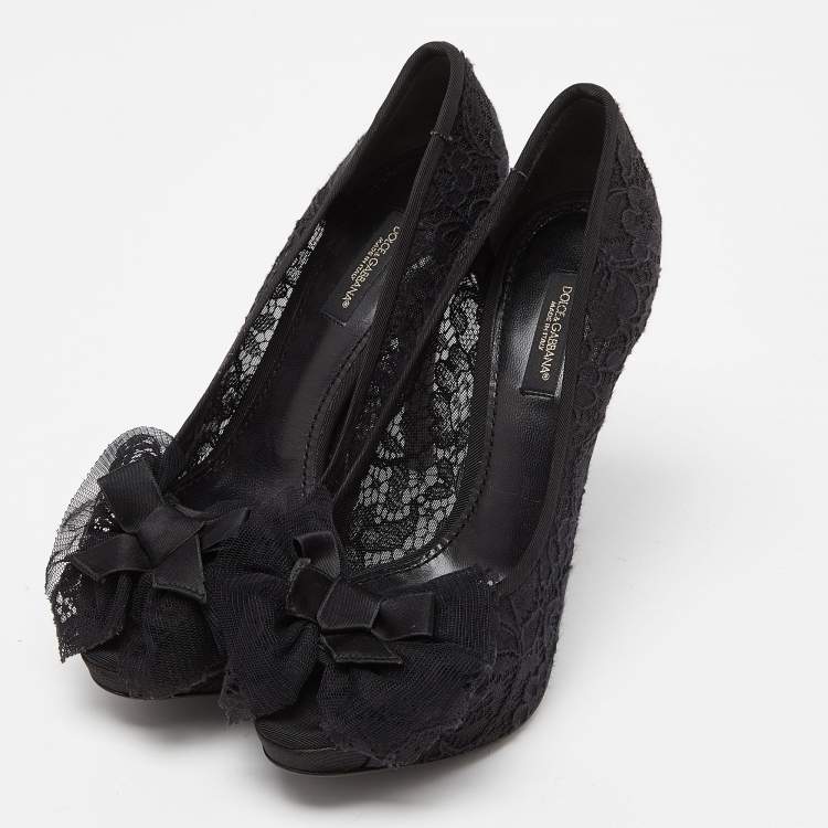Pre Owned Dolce & Gabbana Black Lace Bow Peep Toe Platform Pumps Size 36