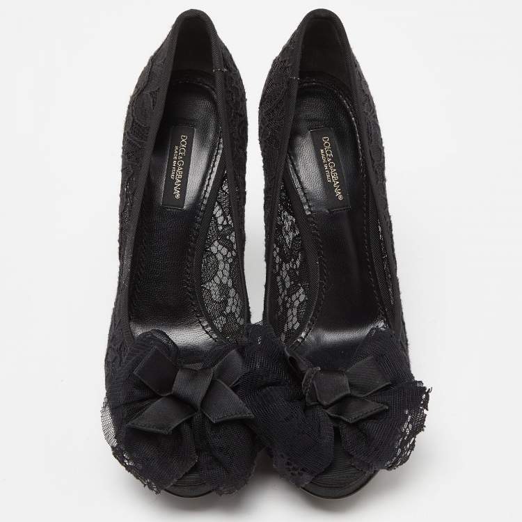 Pre Owned Dolce & Gabbana Black Lace Bow Peep Toe Platform Pumps Size 36