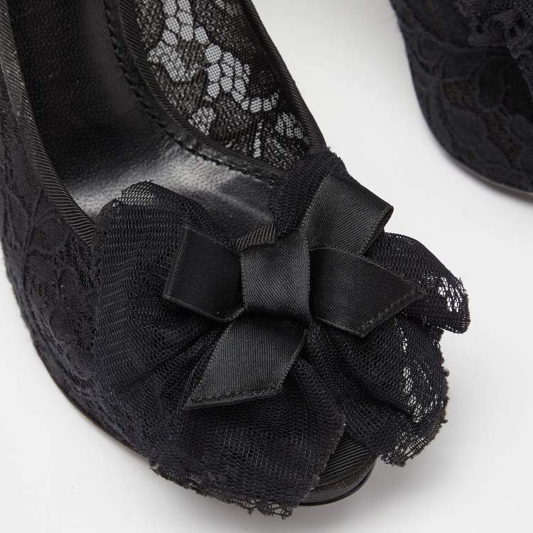 Pre Owned Dolce & Gabbana Black Lace Bow Peep Toe Platform Pumps Size 36