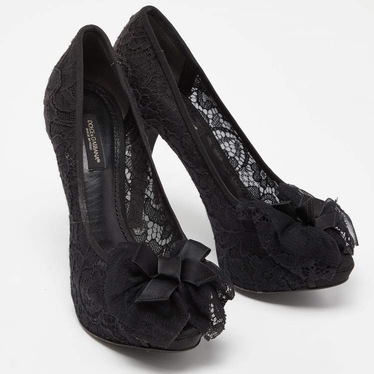 Pre Owned Dolce & Gabbana Black Lace Bow Peep Toe Platform Pumps Size 36