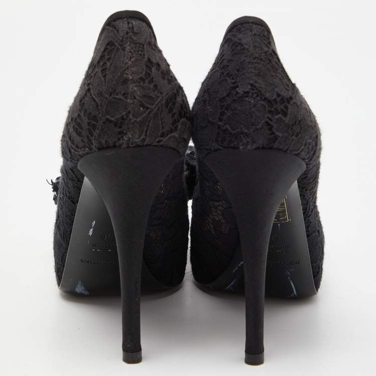 Pre Owned Dolce & Gabbana Black Lace Bow Peep Toe Platform Pumps Size 36