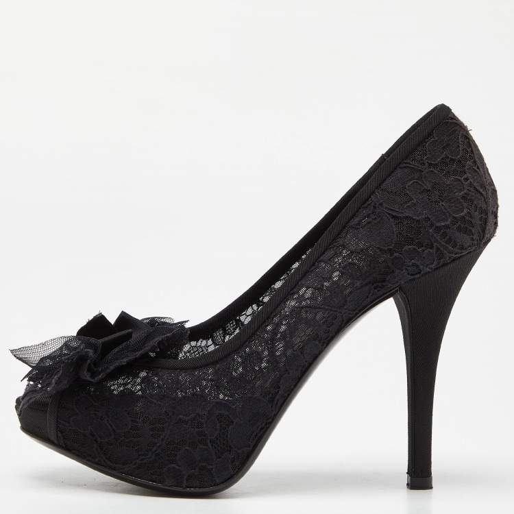 Pre Owned Dolce & Gabbana Black Lace Bow Peep Toe Platform Pumps Size 36