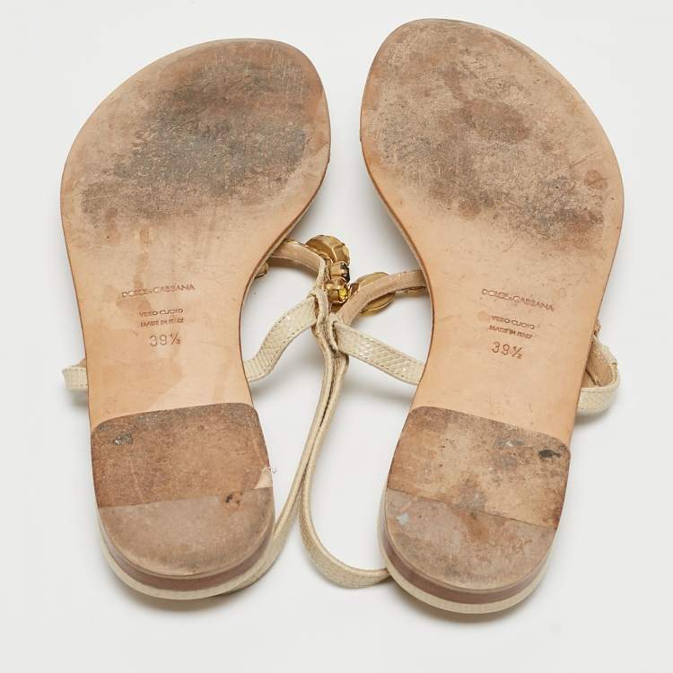 Pre Owned Dolce & Gabbana Beige Textured Leather Crystal Embellished Thong Flat Sandals Size 39.5