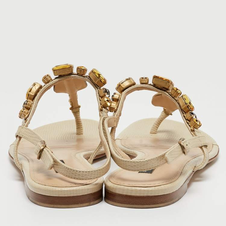 Pre Owned Dolce & Gabbana Beige Textured Leather Crystal Embellished Thong Flat Sandals Size 39.5