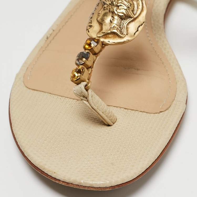 Pre Owned Dolce & Gabbana Beige Textured Leather Crystal Embellished Thong Flat Sandals Size 39.5