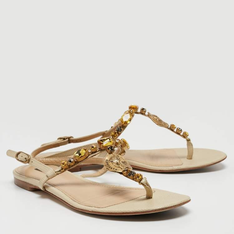 Pre Owned Dolce & Gabbana Beige Textured Leather Crystal Embellished Thong Flat Sandals Size 39.5