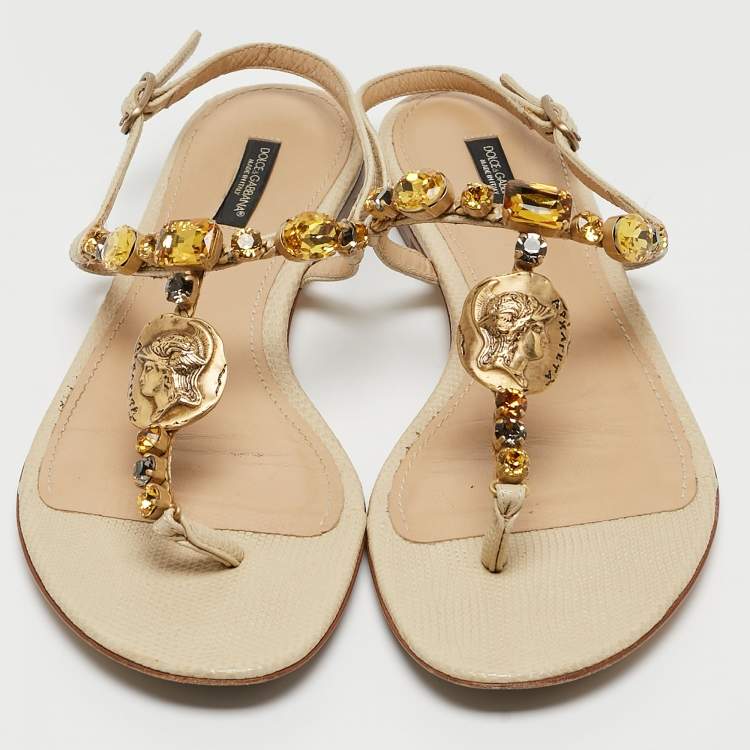 Pre Owned Dolce & Gabbana Beige Textured Leather Crystal Embellished Thong Flat Sandals Size 39.5