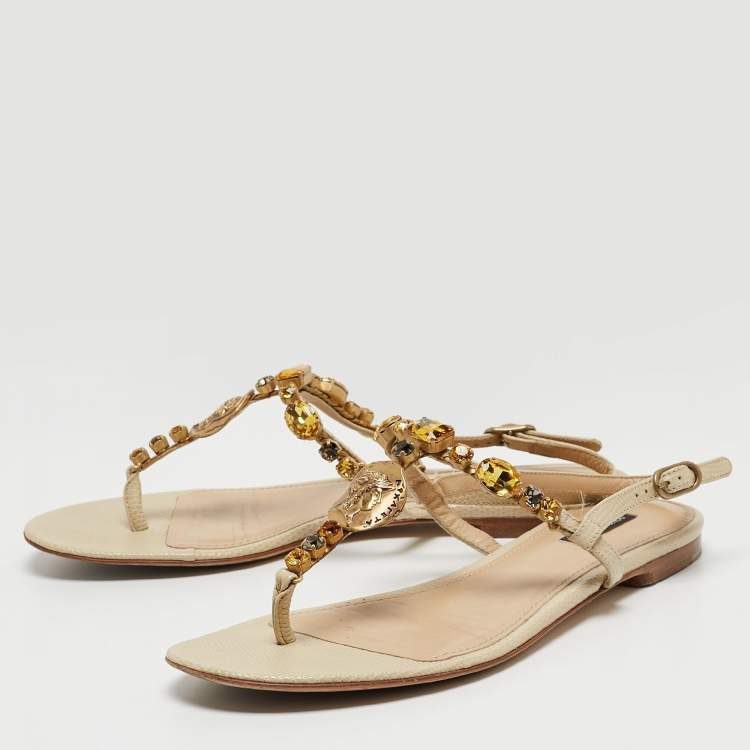 Pre Owned Dolce & Gabbana Beige Textured Leather Crystal Embellished Thong Flat Sandals Size 39.5