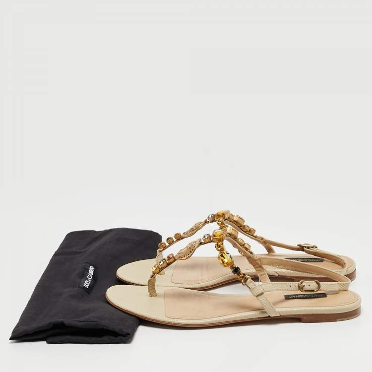 Pre Owned Dolce & Gabbana Beige Textured Leather Crystal Embellished Thong Flat Sandals Size 39.5