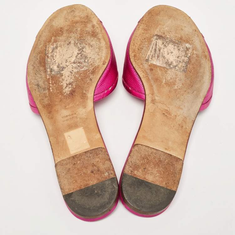 Pre Owned Dolce & Gabbana Pink Leather Crystal Embellished Flat Slides Size 37.5