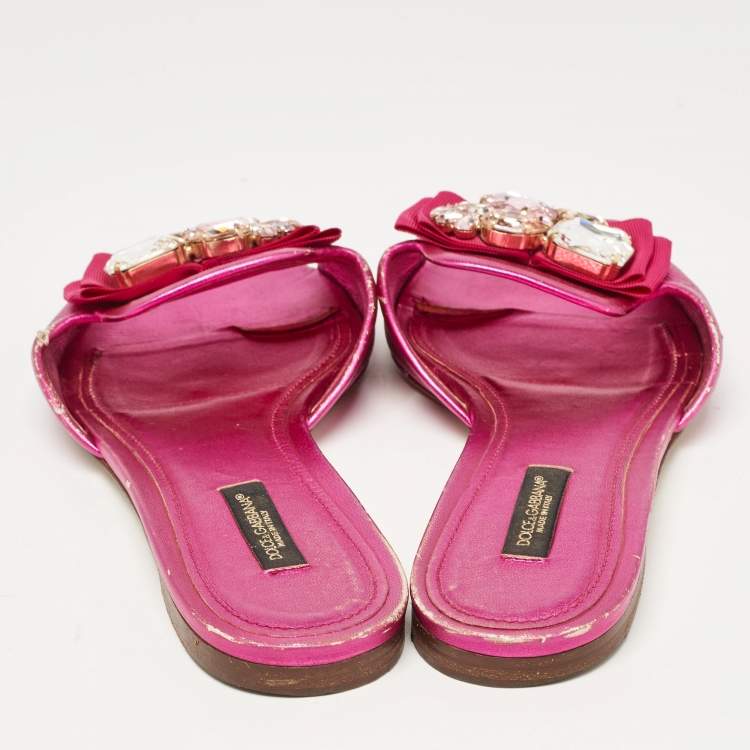 Pre Owned Dolce & Gabbana Pink Leather Crystal Embellished Flat Slides Size 37.5