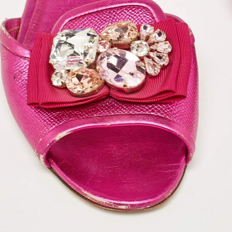 Pre Owned Dolce & Gabbana Pink Leather Crystal Embellished Flat Slides Size 37.5