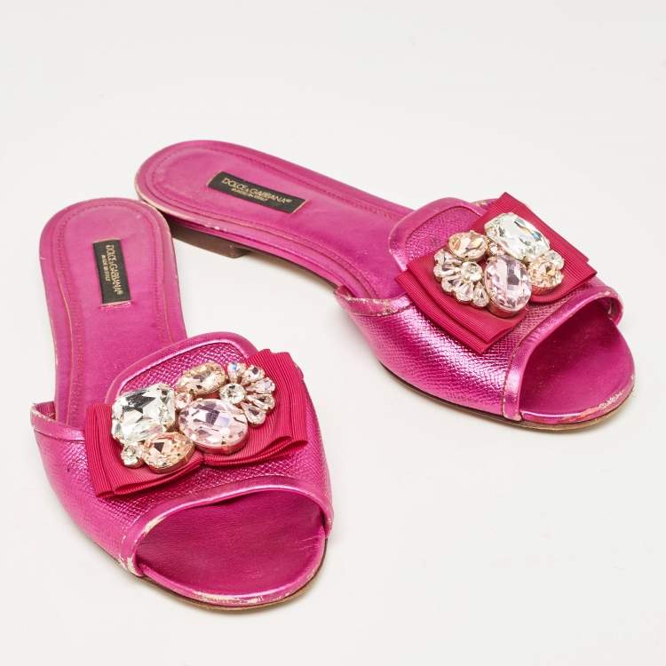 Pre Owned Dolce & Gabbana Pink Leather Crystal Embellished Flat Slides Size 37.5