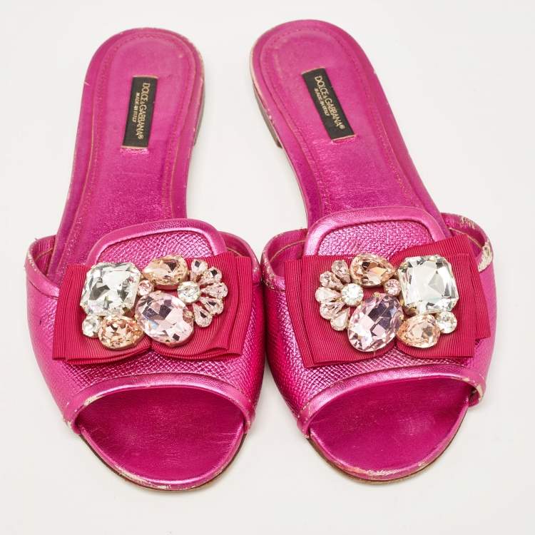 Pre Owned Dolce & Gabbana Pink Leather Crystal Embellished Flat Slides Size 37.5