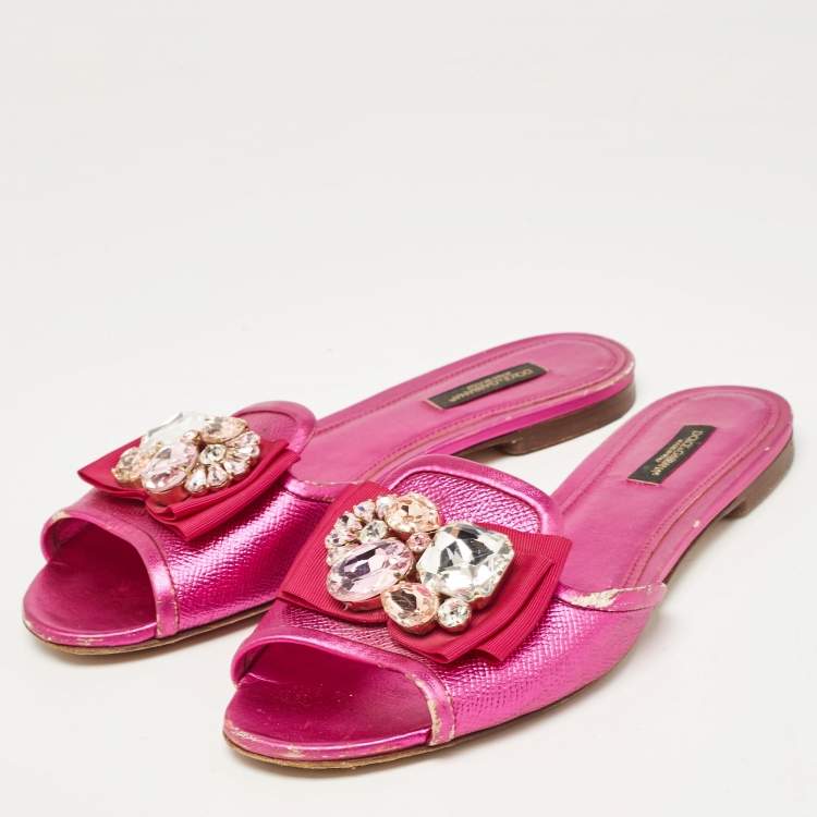 Pre Owned Dolce & Gabbana Pink Leather Crystal Embellished Flat Slides Size 37.5