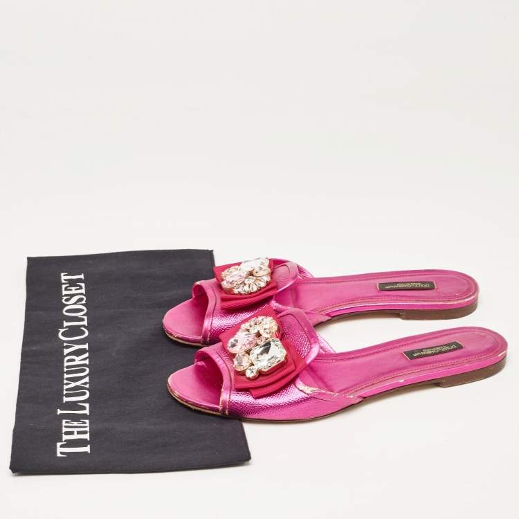 Pre Owned Dolce & Gabbana Pink Leather Crystal Embellished Flat Slides Size 37.5