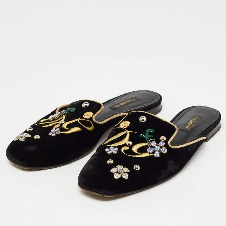 Pre Owned Dolce & Gabbana Black Velvet Jackie Embellished Mules Size 37
