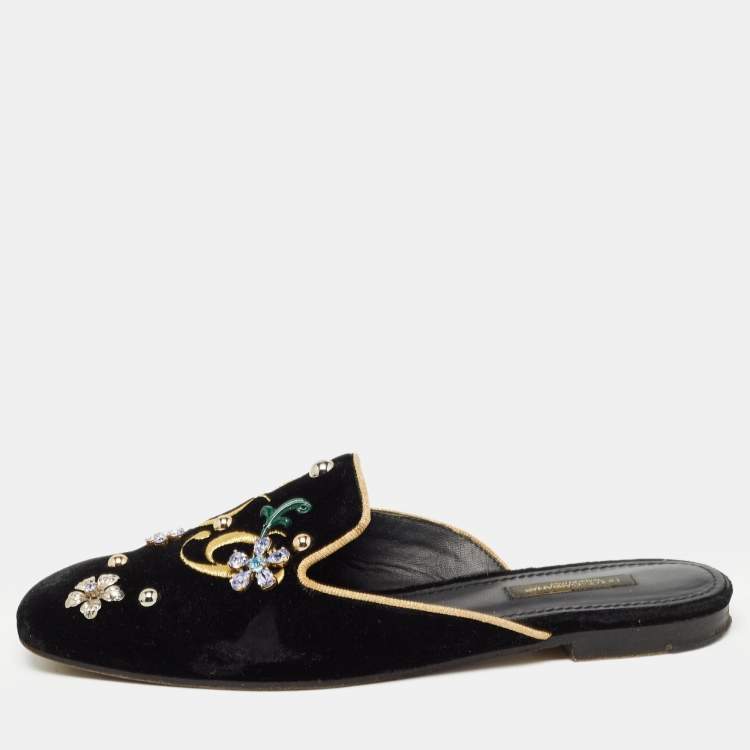Pre Owned Dolce & Gabbana Black Velvet Jackie Embellished Mules Size 37