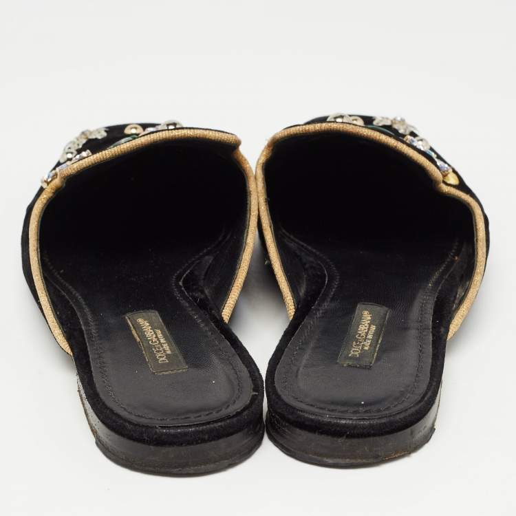 Pre Owned Dolce & Gabbana Black Velvet Jackie Embellished Mules Size 37