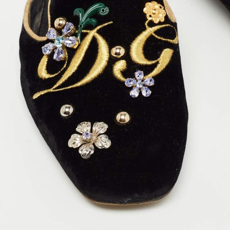Pre Owned Dolce & Gabbana Black Velvet Jackie Embellished Mules Size 37
