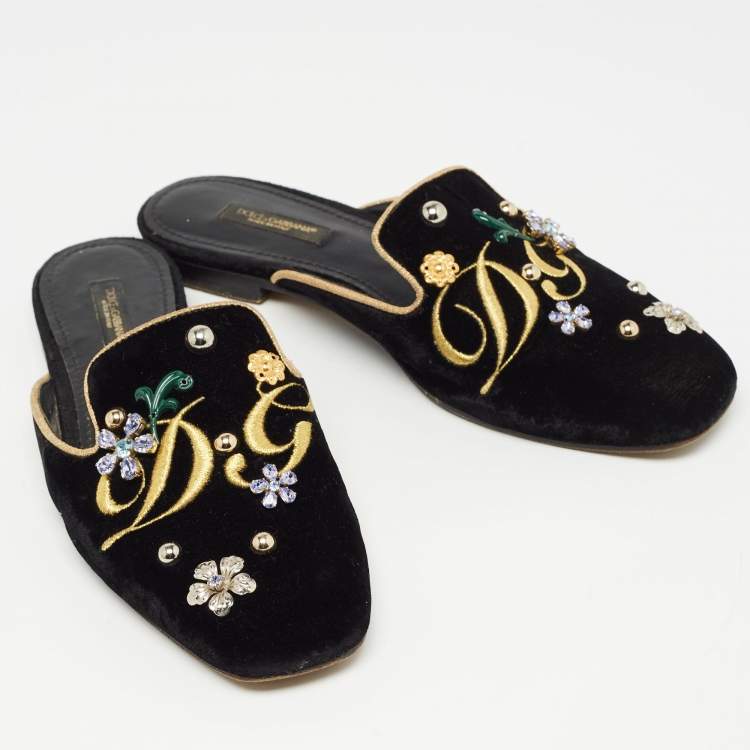 Pre Owned Dolce & Gabbana Black Velvet Jackie Embellished Mules Size 37