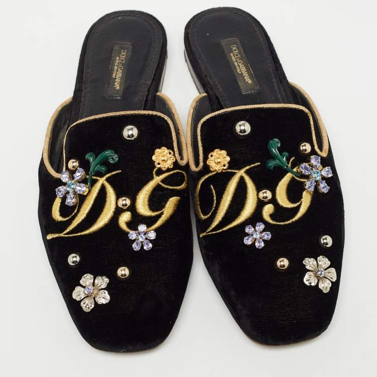 Pre Owned Dolce & Gabbana Black Velvet Jackie Embellished Mules Size 37