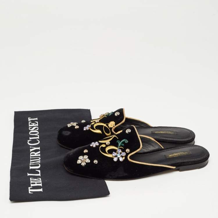 Pre Owned Dolce & Gabbana Black Velvet Jackie Embellished Mules Size 37