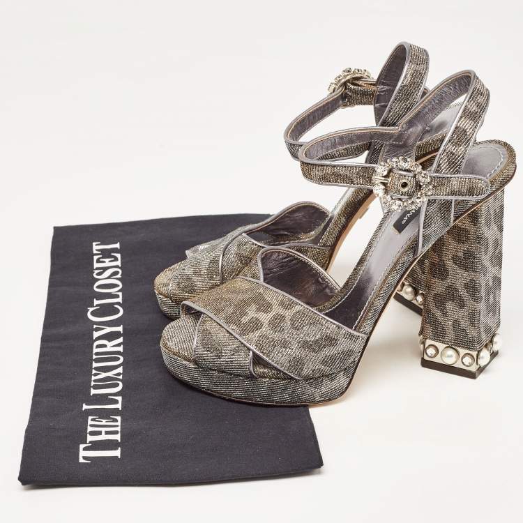 مملوكة مسبقًا Dolce & Gabbana Silver/Gold Leopard Print Glitter Fabric Ankle Strap Block Heel Sandals Size 37