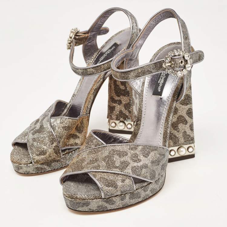 مملوكة مسبقًا Dolce & Gabbana Silver/Gold Leopard Print Glitter Fabric Ankle Strap Block Heel Sandals Size 37