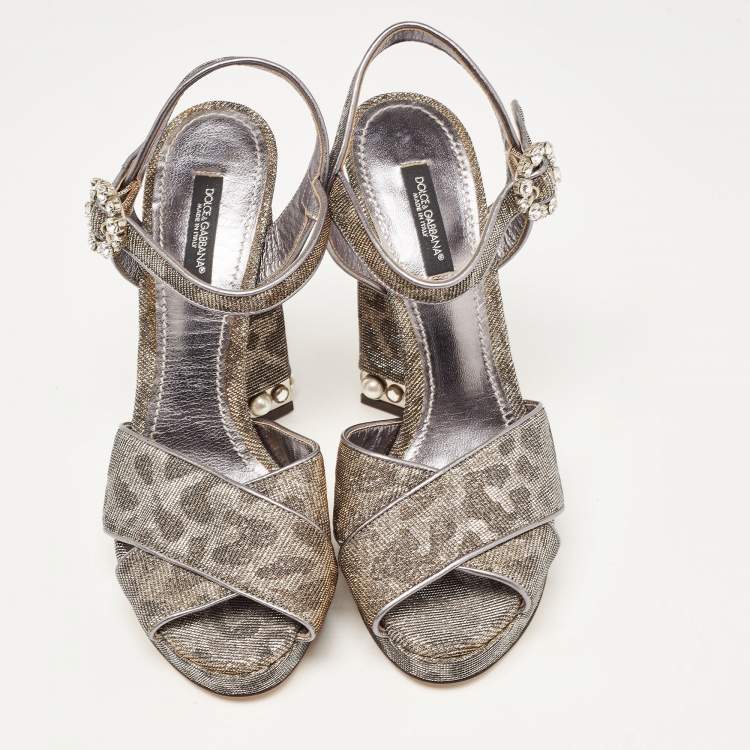 مملوكة مسبقًا Dolce & Gabbana Silver/Gold Leopard Print Glitter Fabric Ankle Strap Block Heel Sandals Size 37