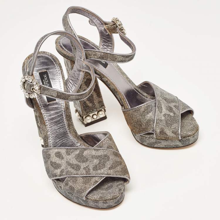 مملوكة مسبقًا Dolce & Gabbana Silver/Gold Leopard Print Glitter Fabric Ankle Strap Block Heel Sandals Size 37