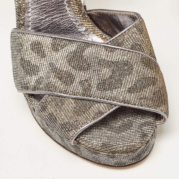 مملوكة مسبقًا Dolce & Gabbana Silver/Gold Leopard Print Glitter Fabric Ankle Strap Block Heel Sandals Size 37