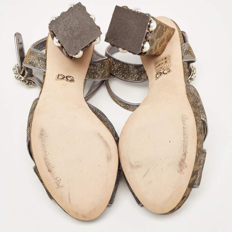 مملوكة مسبقًا Dolce & Gabbana Silver/Gold Leopard Print Glitter Fabric Ankle Strap Block Heel Sandals Size 37