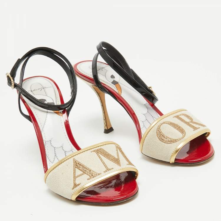 Pre Owned Dolce & Gabbana Multicolor Canvas Amore  Ankle Strap Sandals Size 37.5