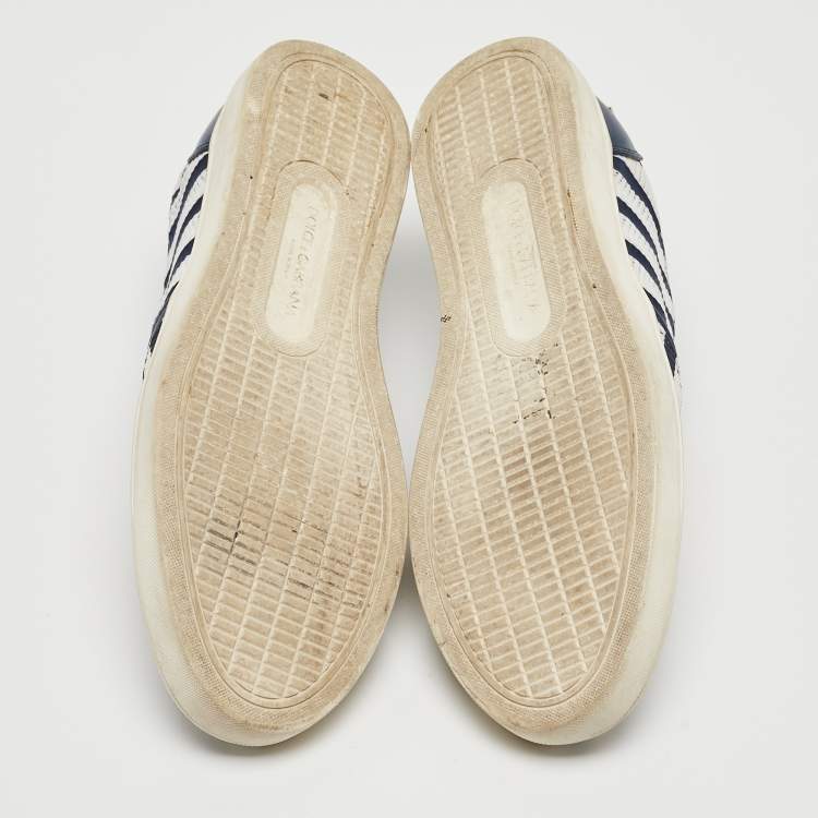 Pre Owned Dolce & Gabbana White/Blue Mesh and Leather Studded Slip On Sneakers Size 36