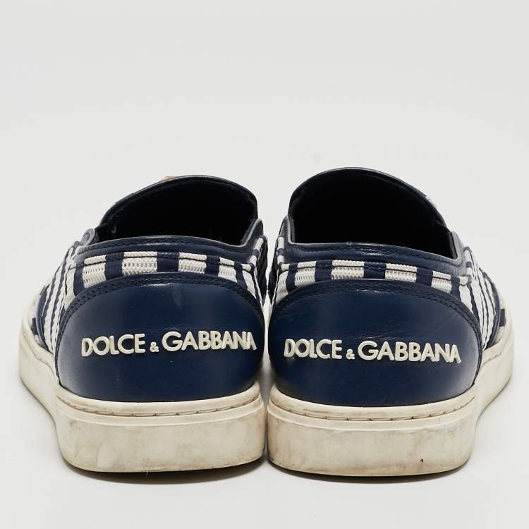 Pre Owned Dolce & Gabbana White/Blue Mesh and Leather Studded Slip On Sneakers Size 36