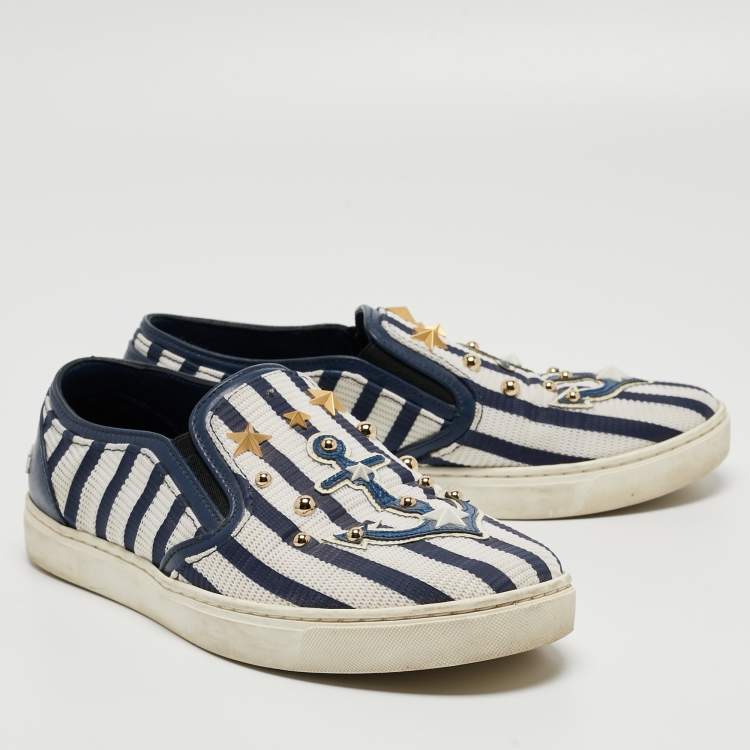 Pre Owned Dolce & Gabbana White/Blue Mesh and Leather Studded Slip On Sneakers Size 36