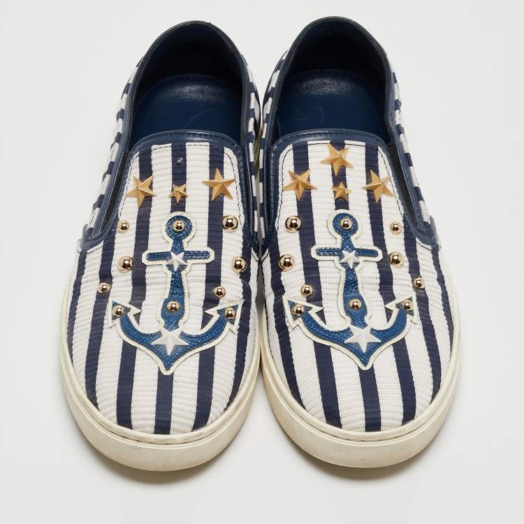 Pre Owned Dolce & Gabbana White/Blue Mesh and Leather Studded Slip On Sneakers Size 36