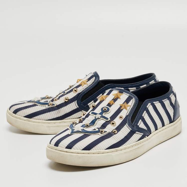 Pre Owned Dolce & Gabbana White/Blue Mesh and Leather Studded Slip On Sneakers Size 36