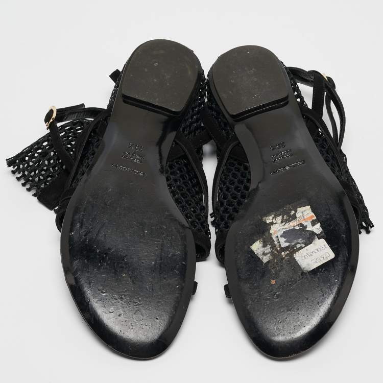 Pre Owned Dolce & Gabbana Black Mesh and Suede Strappy Thong Flat Sandals Size 39.5