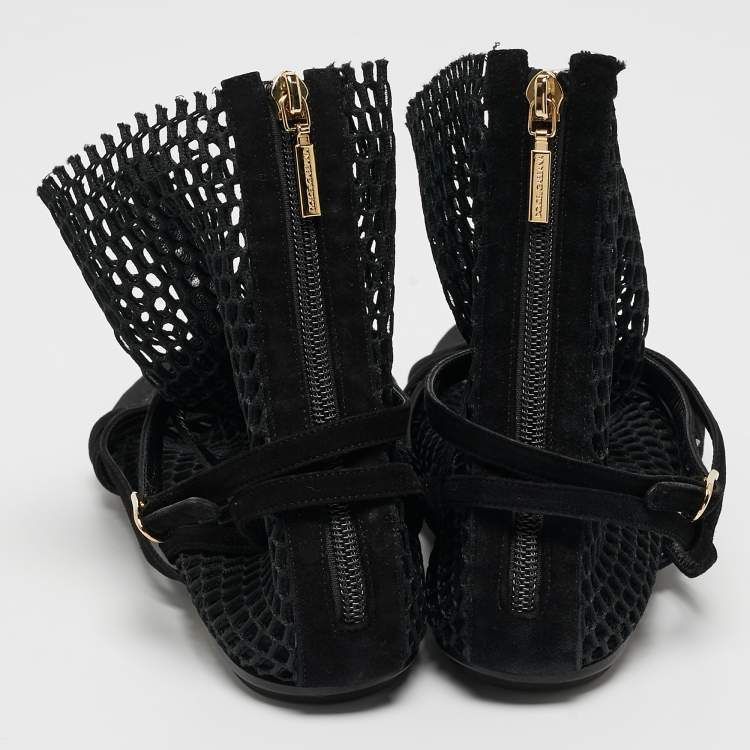 Pre Owned Dolce & Gabbana Black Mesh and Suede Strappy Thong Flat Sandals Size 39.5
