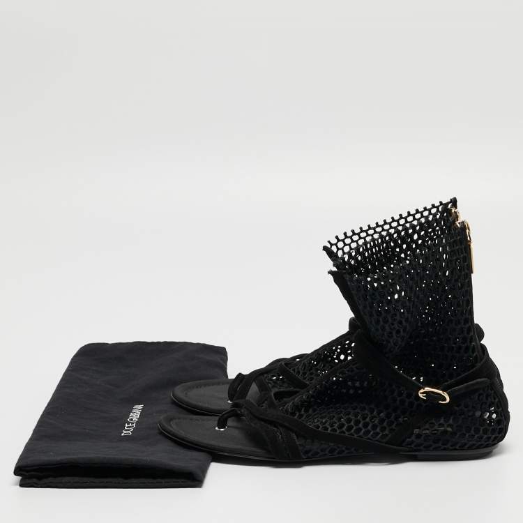 Pre Owned Dolce & Gabbana Black Mesh and Suede Strappy Thong Flat Sandals Size 39.5