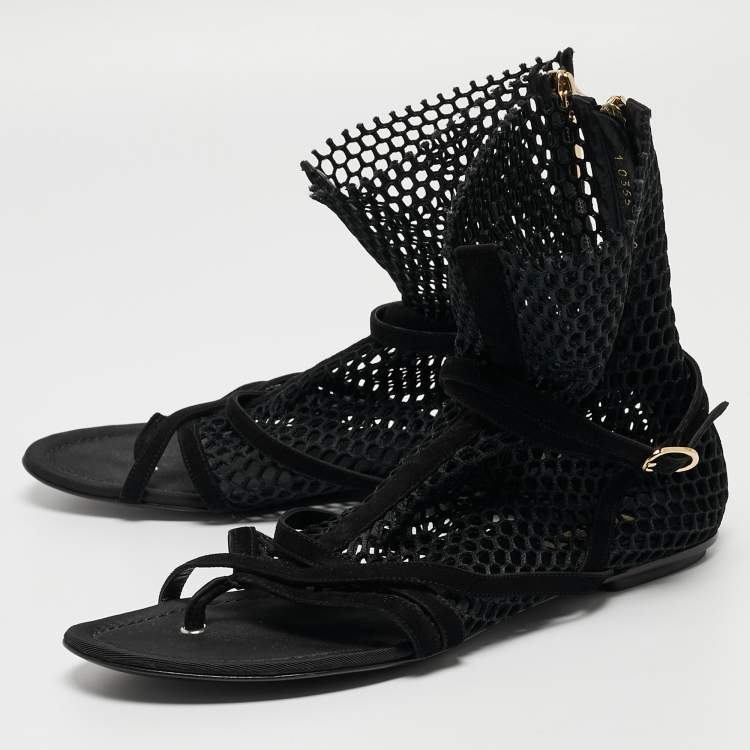 Pre Owned Dolce & Gabbana Black Mesh and Suede Strappy Thong Flat Sandals Size 39.5