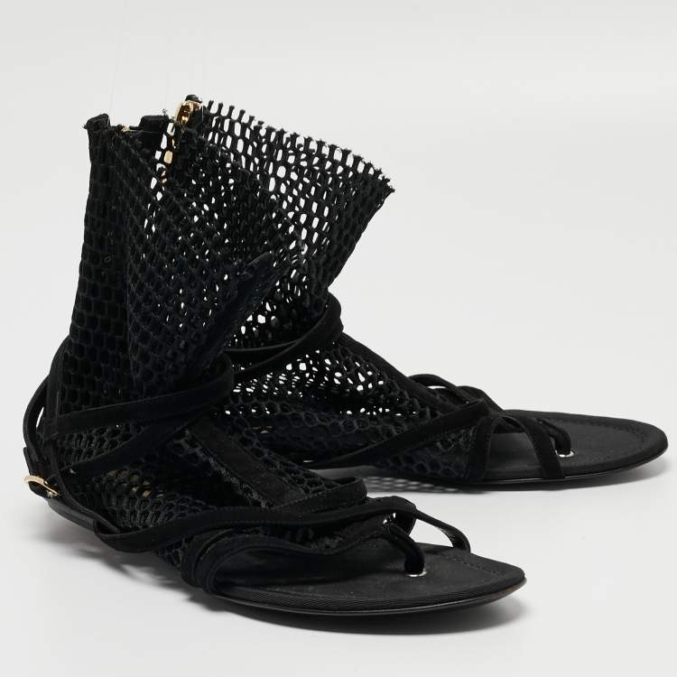 Pre Owned Dolce & Gabbana Black Mesh and Suede Strappy Thong Flat Sandals Size 39.5